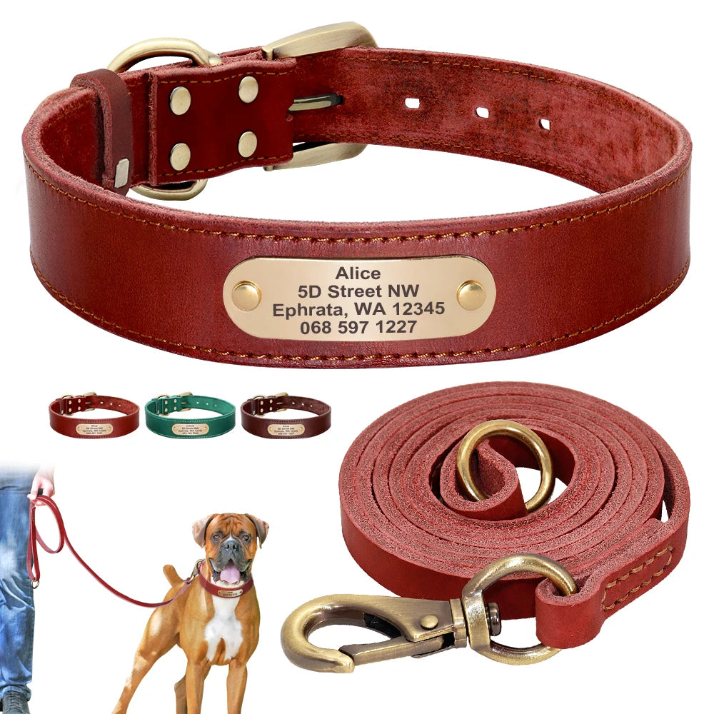 4-Line Custom Leather Dog Collar & Lead | Engraved Walking Set