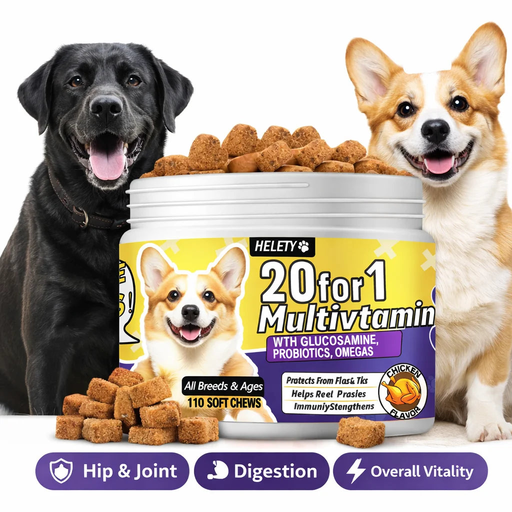 Two dogs with a container of Heley 20 for 1 Multivitamin for dogs on a white background.