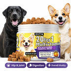 Two dogs with a container of Heley 20 for 1 Multivitamin for dogs on a white background.