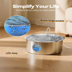 Stainless steel pet water fountain with LED lamp on a wooden surface, featuring text highlighting features.