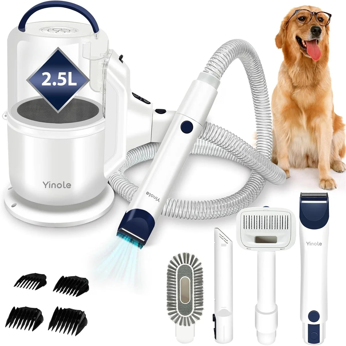 Pet grooming kit with various tools and a dog on a white background