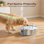 Dog drinking water from a pet-friendly water fountain on a wooden floor.
