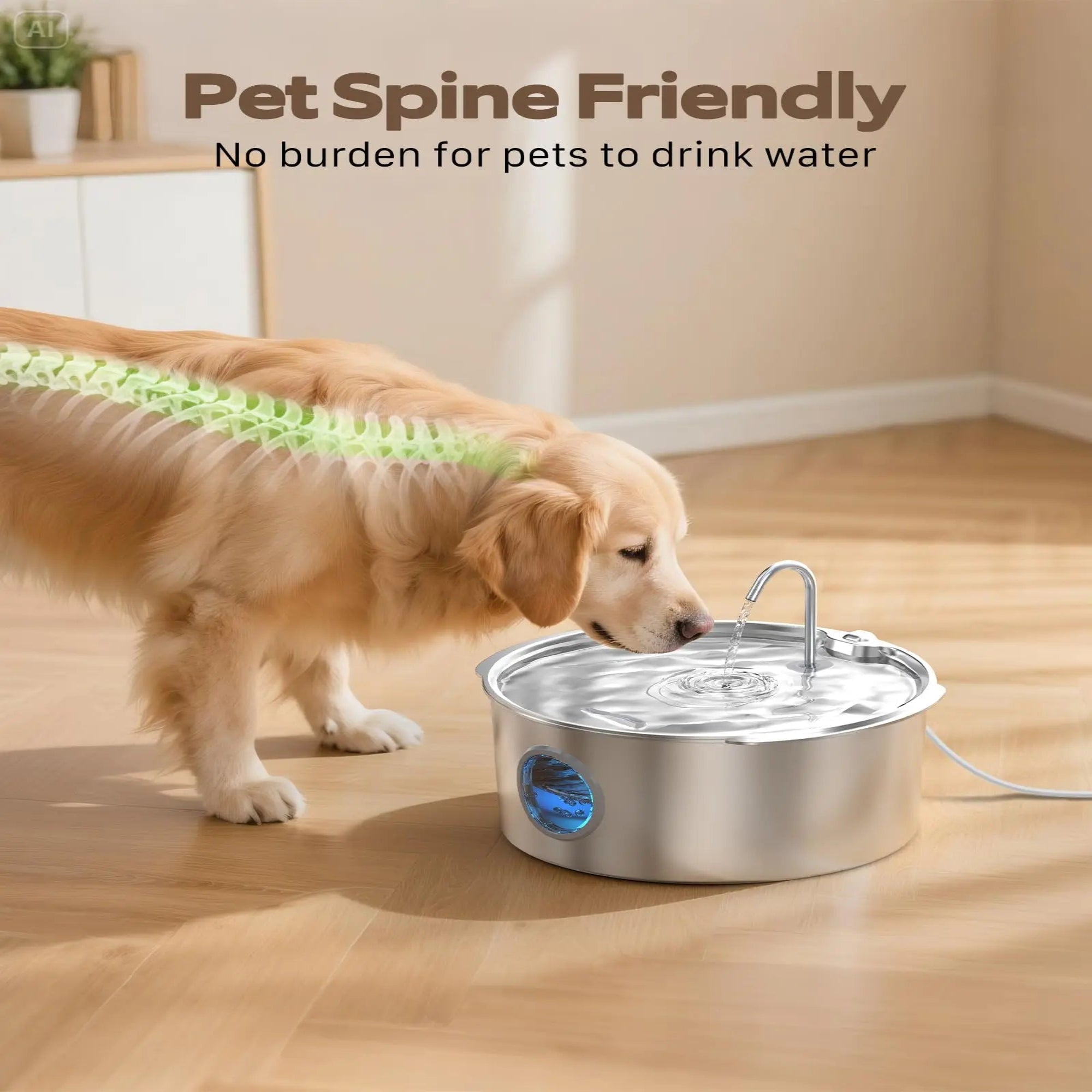 Dog drinking water from a pet-friendly water fountain on a wooden floor.