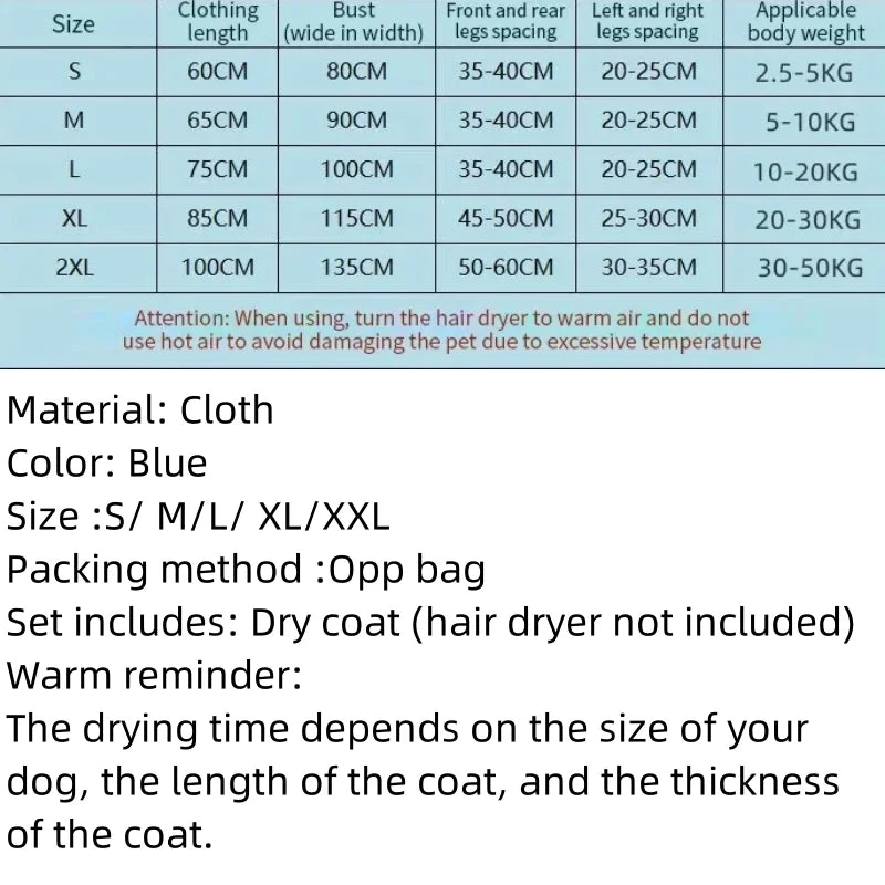 Pet drying bag size guide — S to XXL for dogs and cats 2.5–50 kg | Pawnests