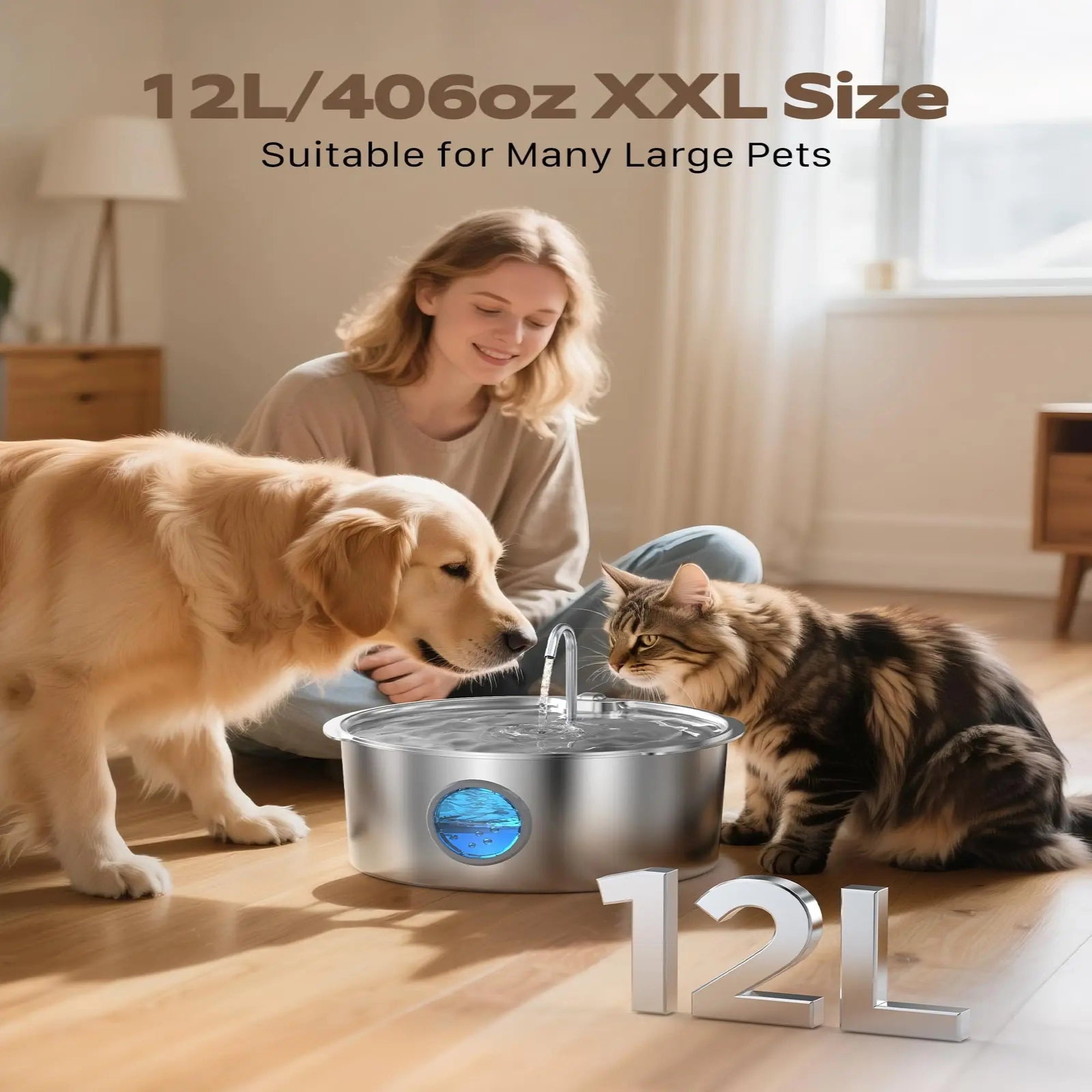 Woman with a dog and cat interacting with a large pet water fountain in a home setting.