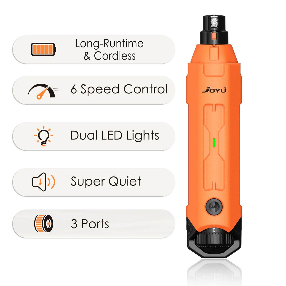 Orange cordless tool with features listed on a white background
