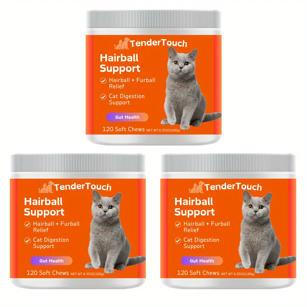 Three jars of TenderTouch Hairball Support for cats on a white background