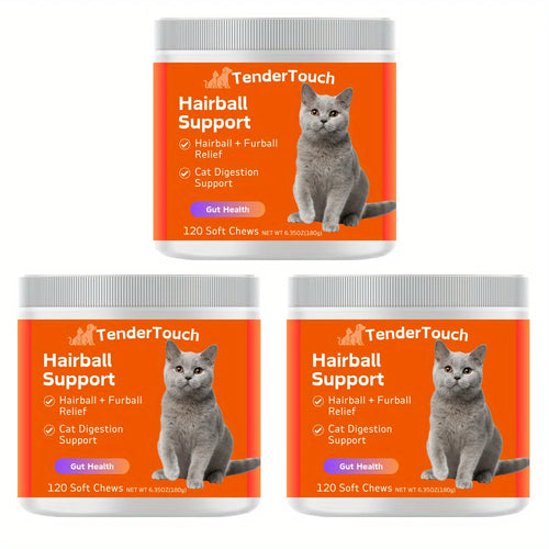 Three jars of TenderTouch Hairball Support for cats on a white background