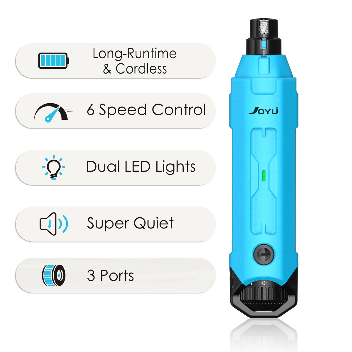 Blue tool with features listed on a white background
