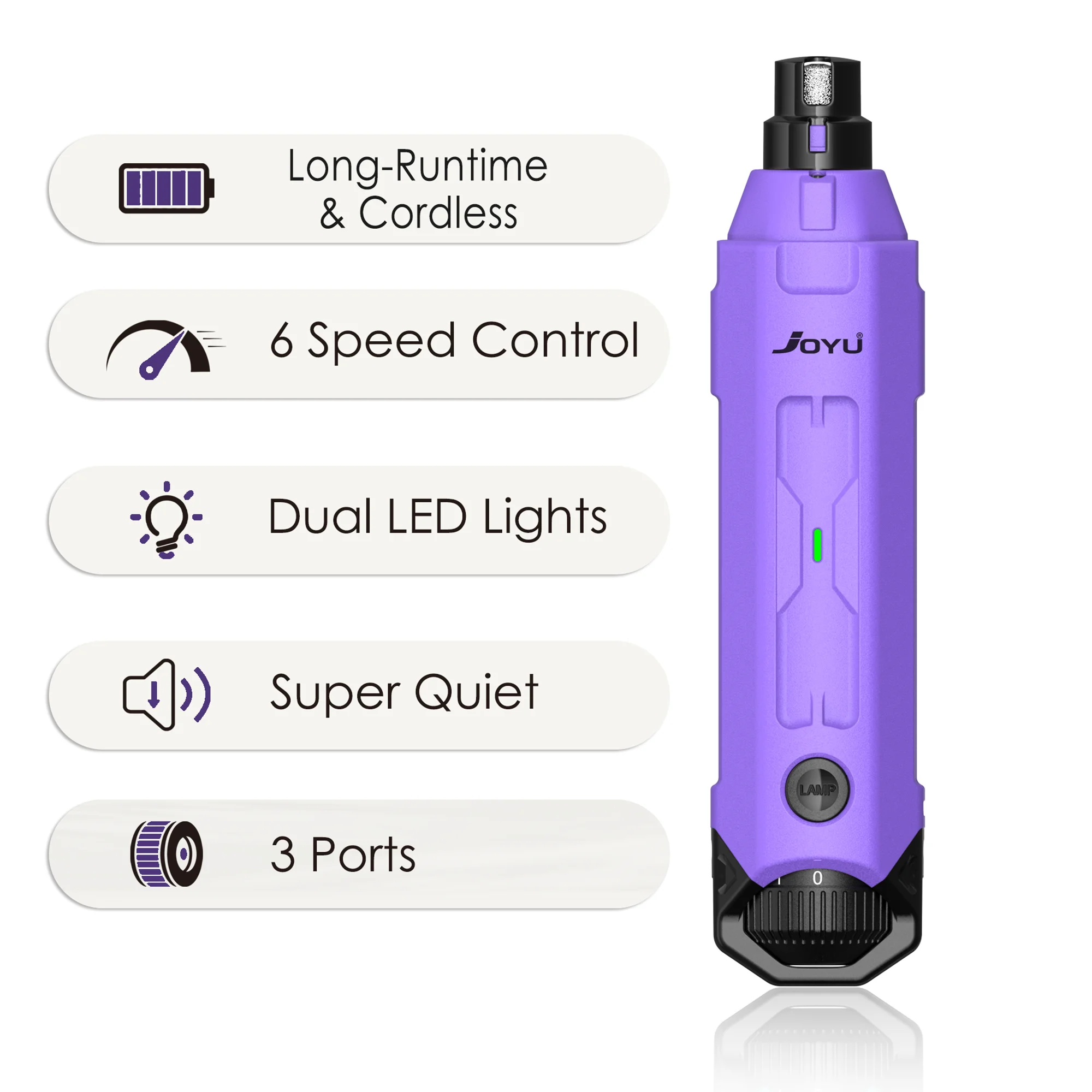 Purple grooming tool with features listed on a white background