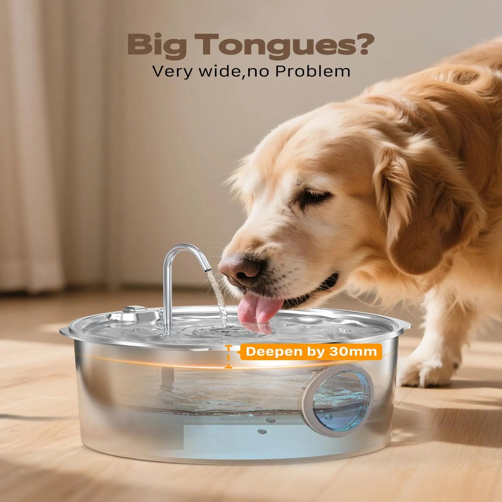 Dog drinking water from a pet fountain with text about tongue width.