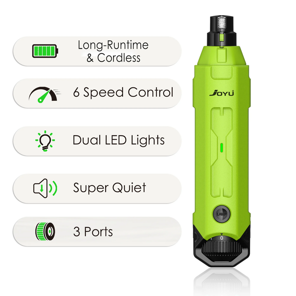 Green grooming tool with features listed on a white background