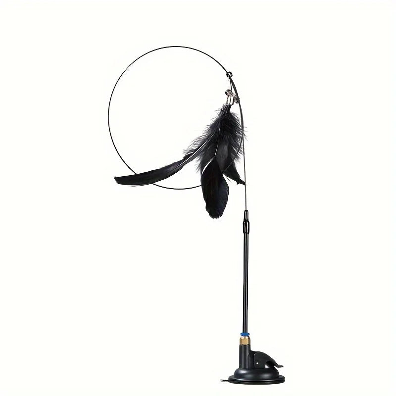 Black feather cat teaser toy with flexible wire wand and suction-cup base | Pawnests