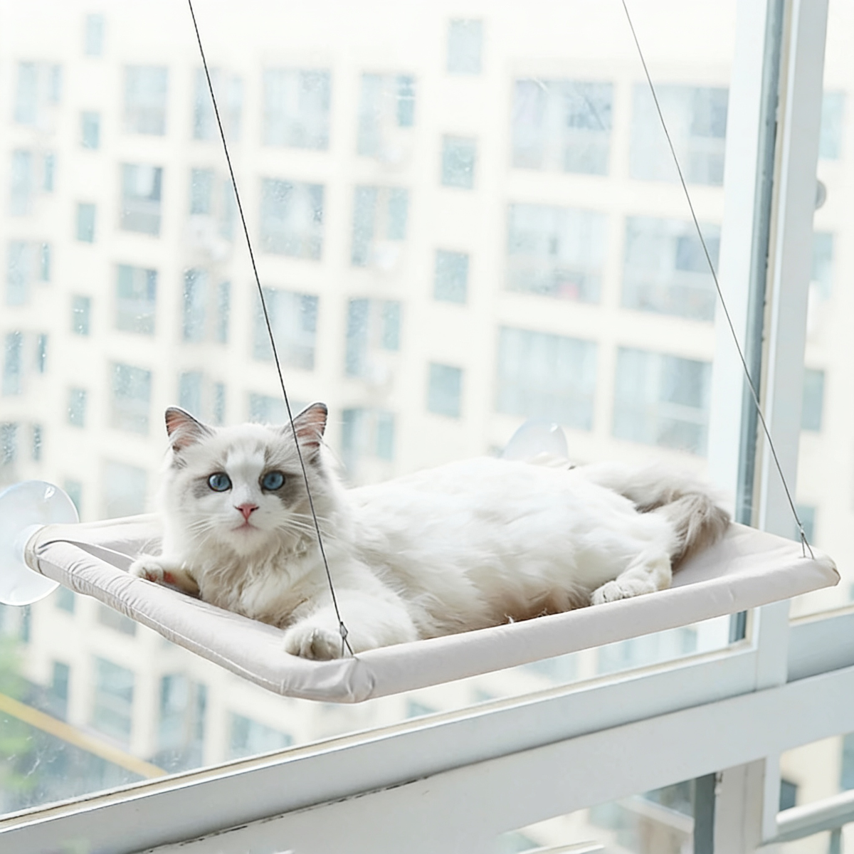 Parlak bir pencereye monte edilmiş vantuzlu pencere hamakta yatan beyaz kedi