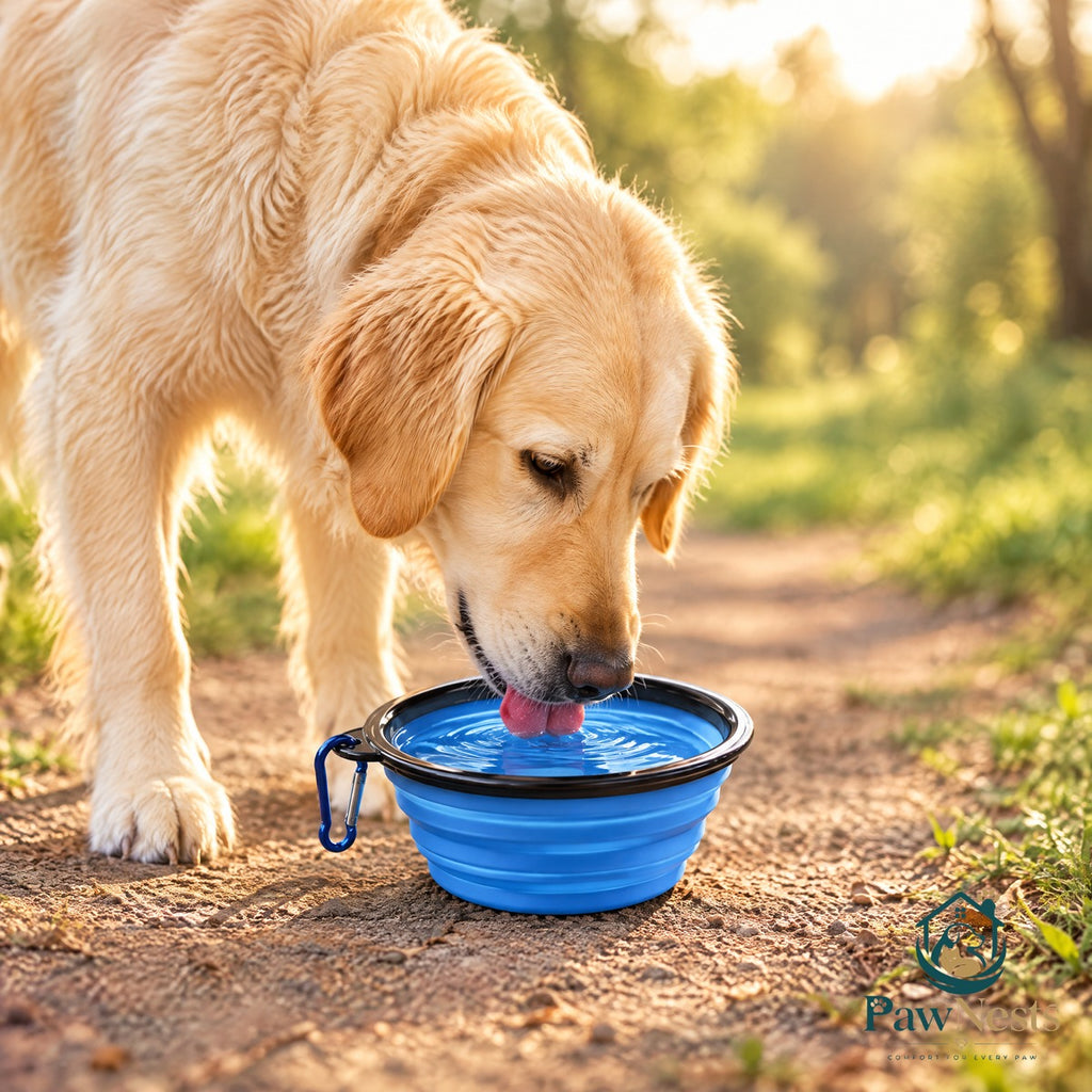 Golden retriever drinking from an opened blue collapsible dog travel bowl clipped with a carabiner on a sunlit trail | Pawnests