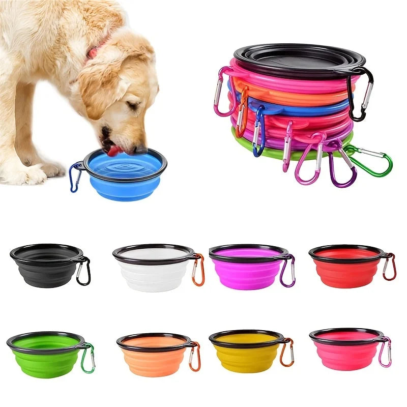 Dog drinking from a blue collapsible travel bowl with eight colour options shown | Pawnests