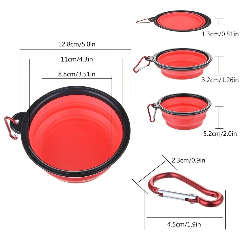 Collapsible dog travel bowl size guide, 12.8 cm wide, folds to 1.3 cm, with carabiner | Pawnests