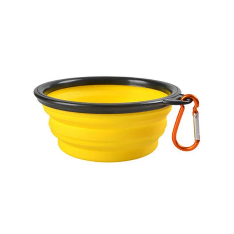 Yellow collapsible dog travel bowl with carabiner | Pawnests