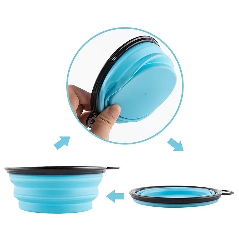 Blue collapsible pet bowl folding flat and opening up | Pawnests