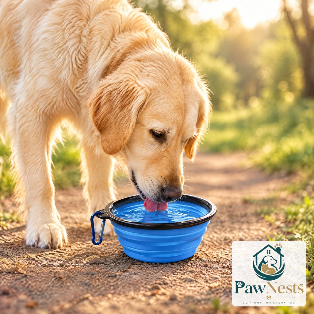 Golden retriever drinking from a collapsible blue travel bowl on a trail — Pawnests