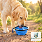 Golden retriever drinking from a collapsible blue travel bowl on a trail — Pawnests