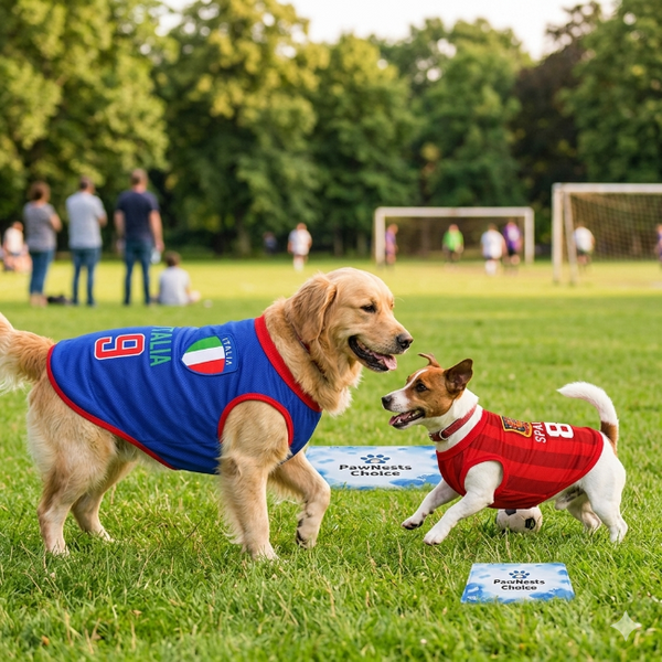Two dogs wearing colorful shirts on a grassy field with people and soccer goals in the background.