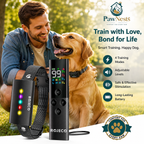 Man sitting with a dog next to a ROJEKO device, with 'PawNests' branding and product features displayed.