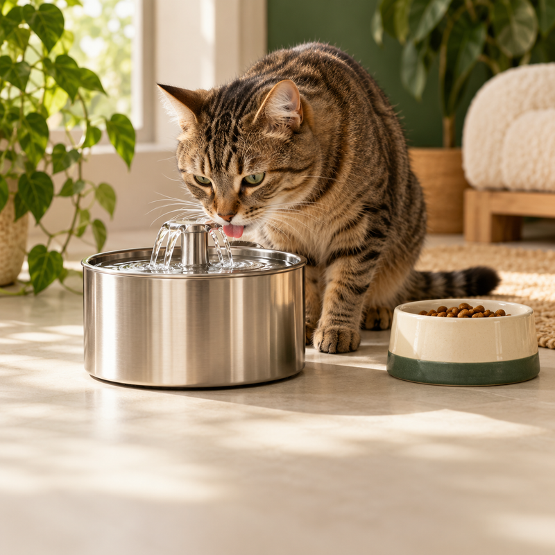 Dispensadores de comida y fuentes para gatos