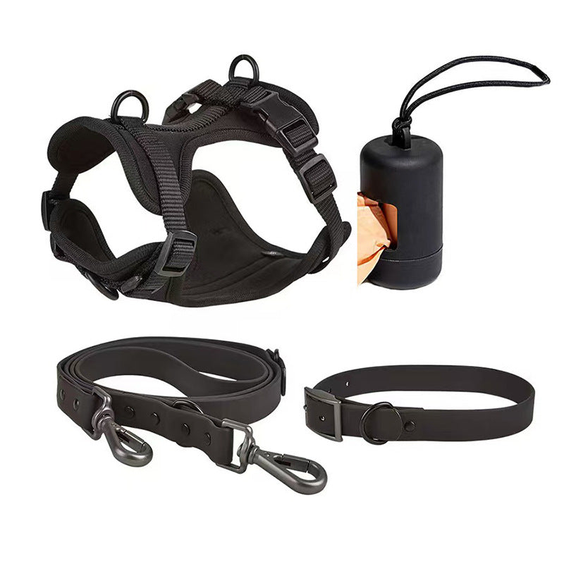 4-piece dog harness set showing all included items — harness leash collar clip | Pawnests