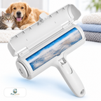 Reusable pet hair roller with collected fur, dog and cat behind — Pawnests
