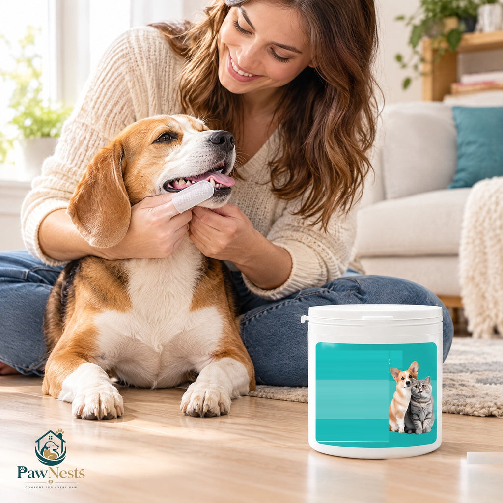 Beagle having its teeth wiped with a pet teeth cleaning finger wipe from a 50-piece tub | Pawnests