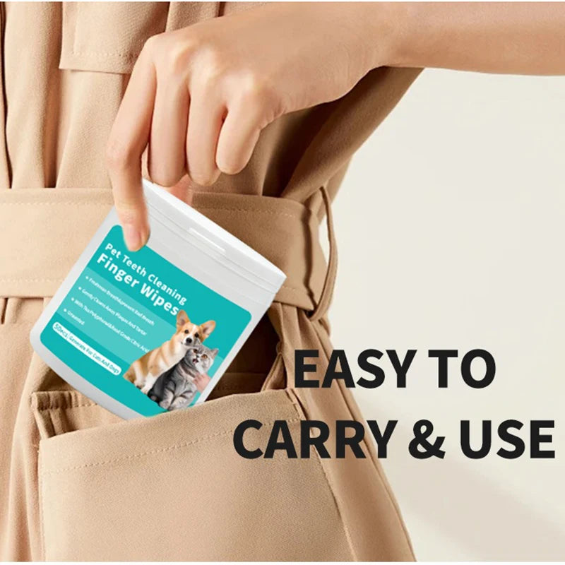 Hand taking a pet teeth finger wipe tub out of a pocket, easy to carry | Pawnests
