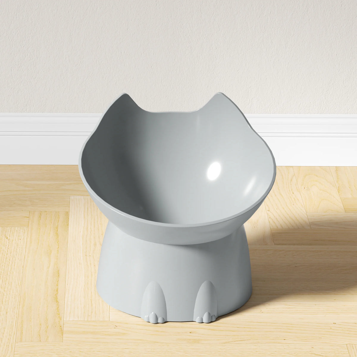 Gray cat-ear raised tilted cat bowl on a wooden floor — gray | Pawnests