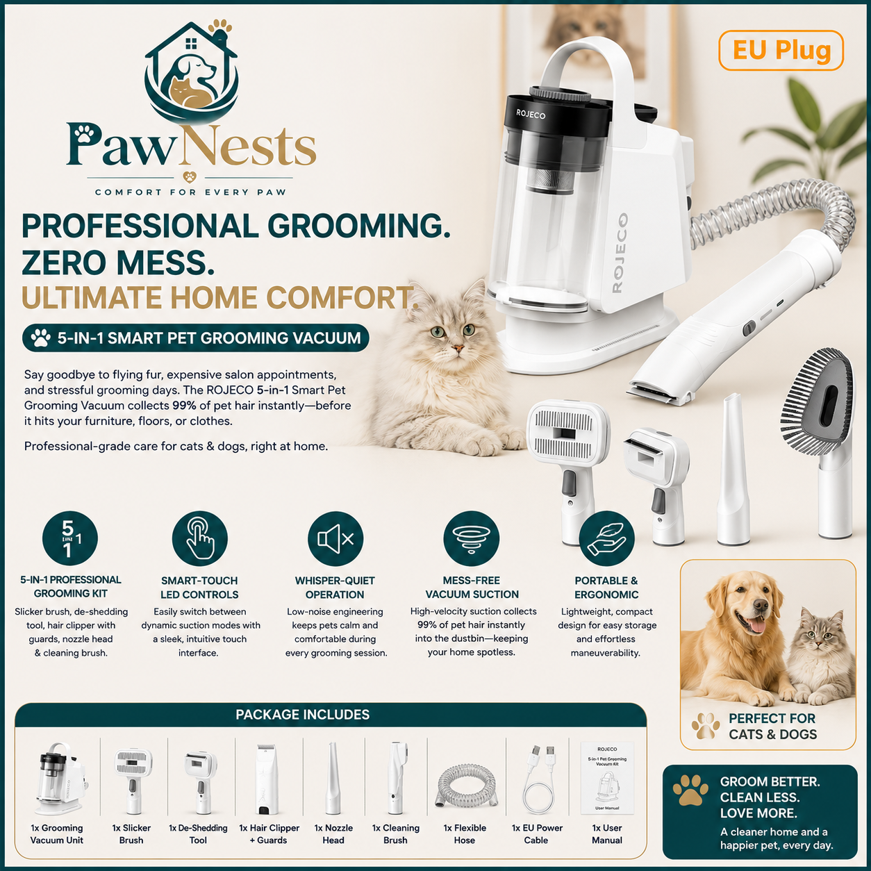 Paw Nests grooming vacuum with features and product details on a white background