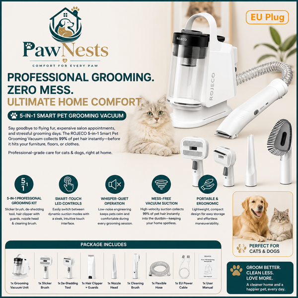 Paw Nests grooming vacuum with features and product details on a white background