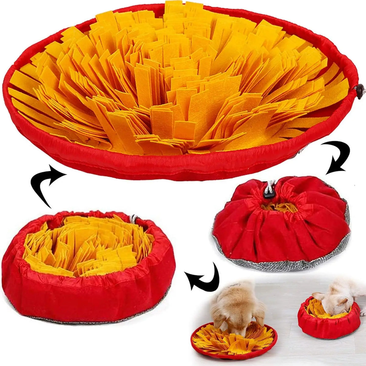 Red snuffle mat for dogs with yellow petals — full mat, bowl and pouch | Pawnests