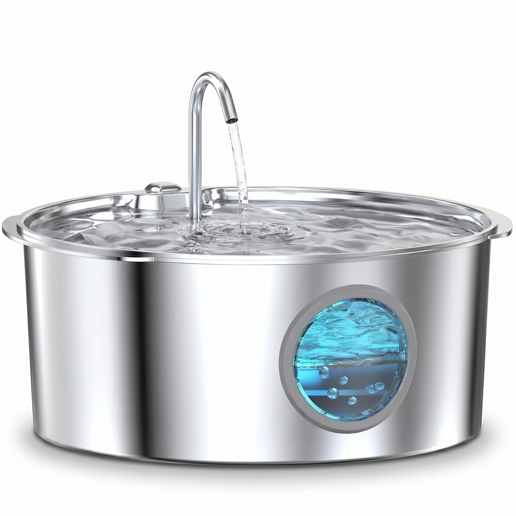 Stainless steel automatic pet water fountain for cats and dogs on a white background