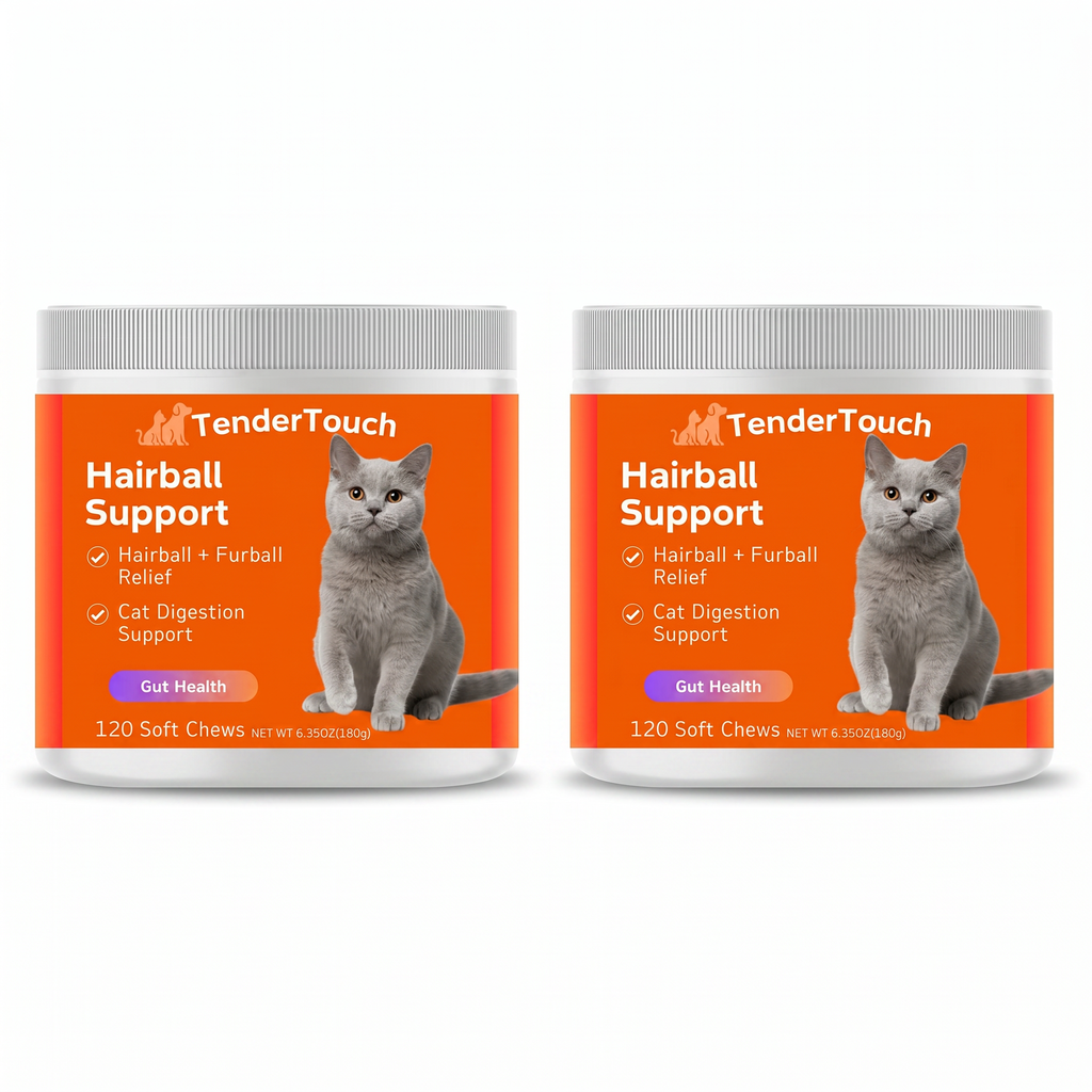TenderTouch hairball support and probiotic cat treats two-pack on a white background