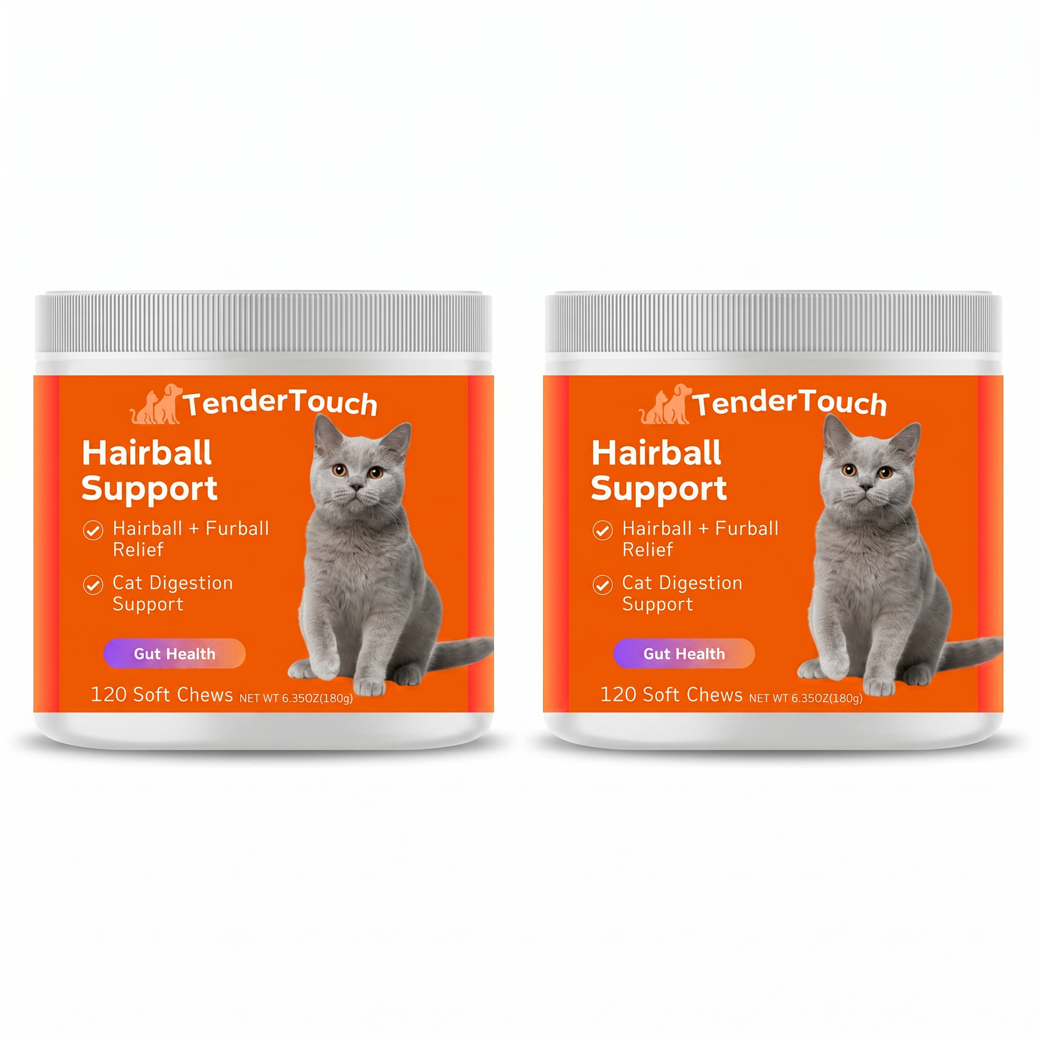 TenderTouch hairball support and probiotic cat treats two-pack on a white background
