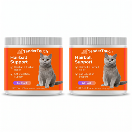 TenderTouch hairball support and probiotic cat treats two-pack on a white background