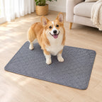 Corgi standing on a grey quilted washable dog pee pad on a wood floor | Pawnests
