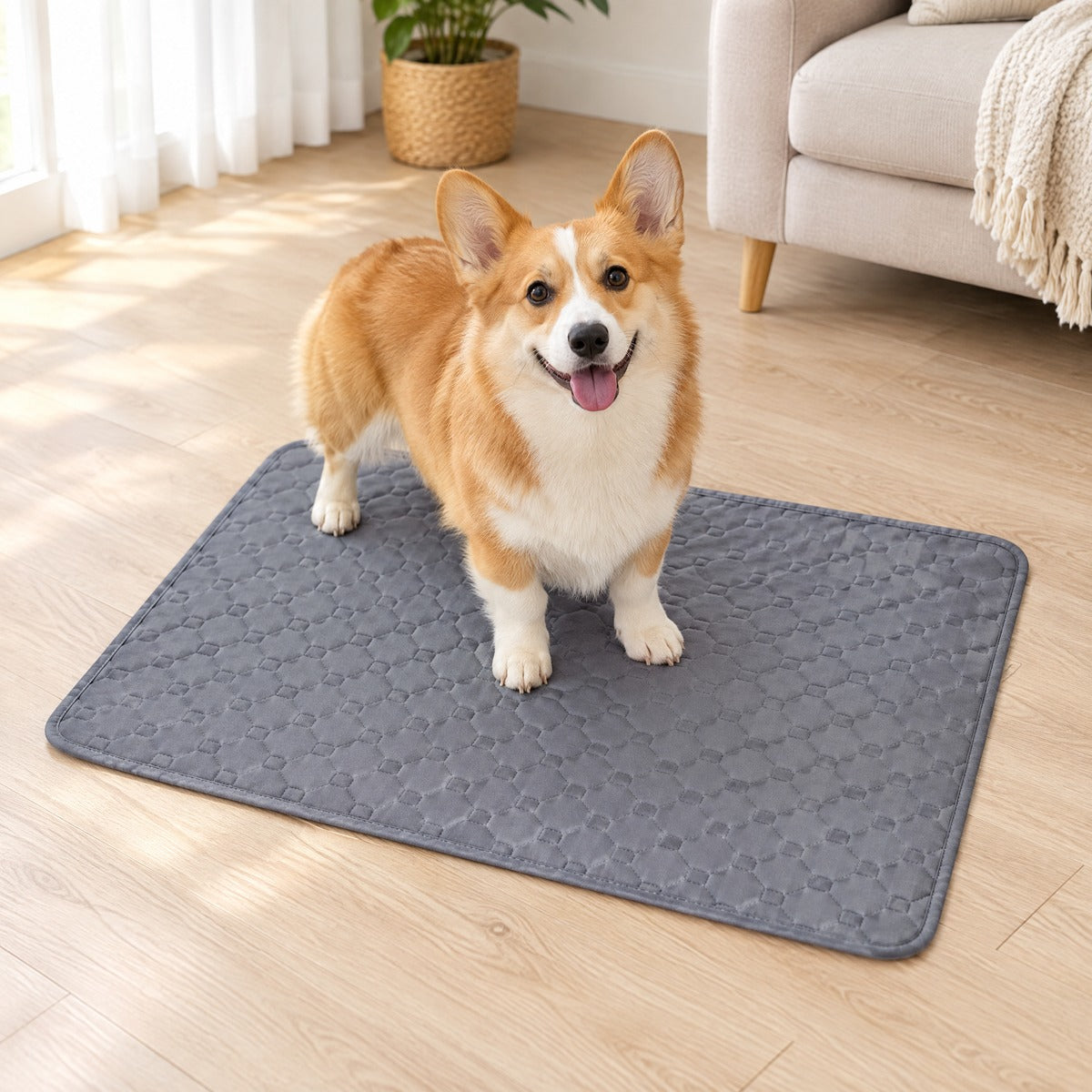 Corgi standing on a grey quilted washable dog pee pad on a wood floor | Pawnests