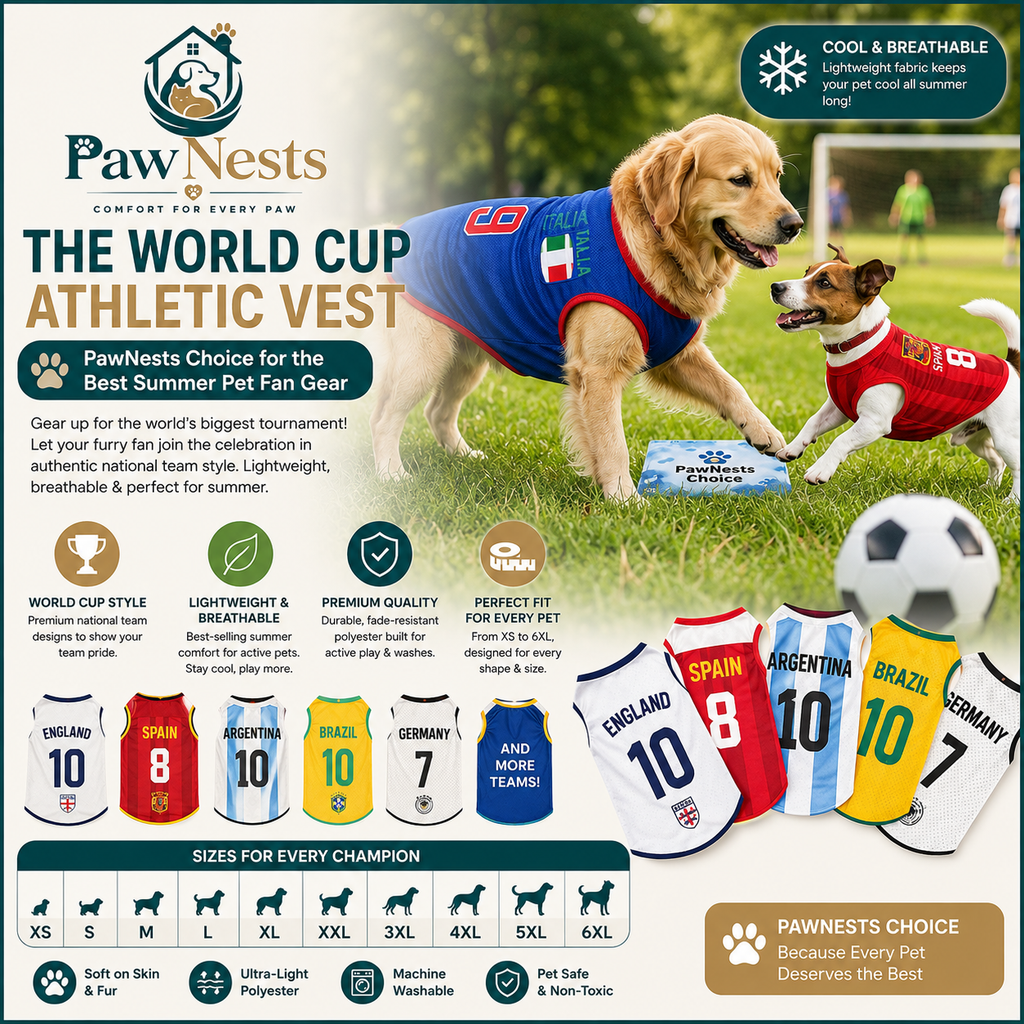 PawNests World Cup athletic vests for dogs with various designs and text about product features.