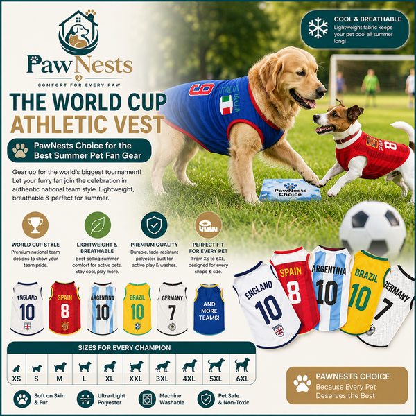 PawNests World Cup athletic vests for dogs with various designs and text about product features.
